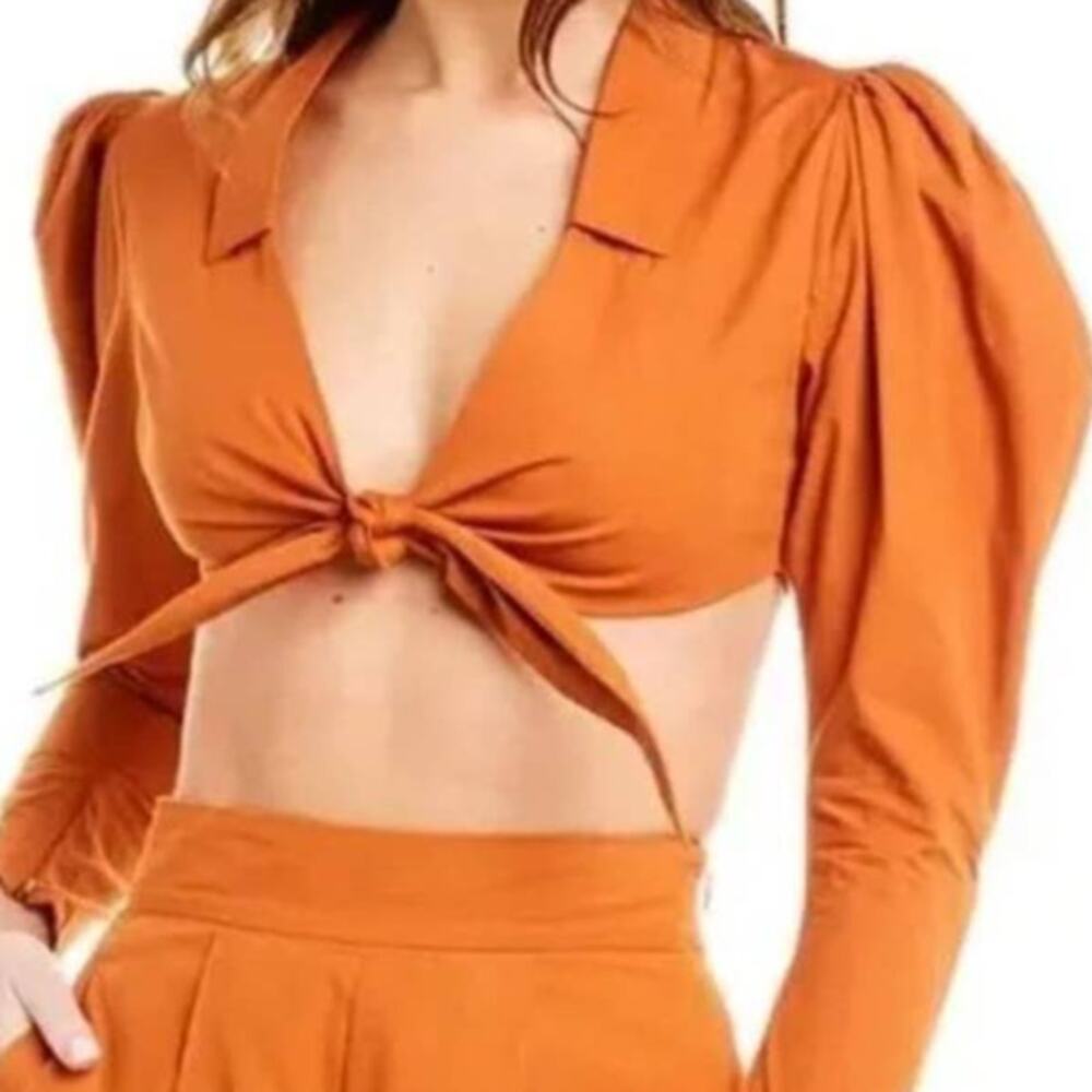 We Wore What Bisou Top Crop Puff Sleeve Tie Front Collared Blouse Orange L NWT